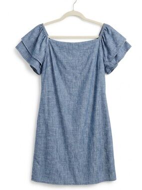 Alice + Olivia Chambray Off-Shoulder Short Dress in Light Blue